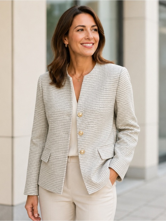 Executive Collection Jackets & Blazers - Vtg Light Sage Green Houndstooth Collarless Blazer with Shoulder Pads